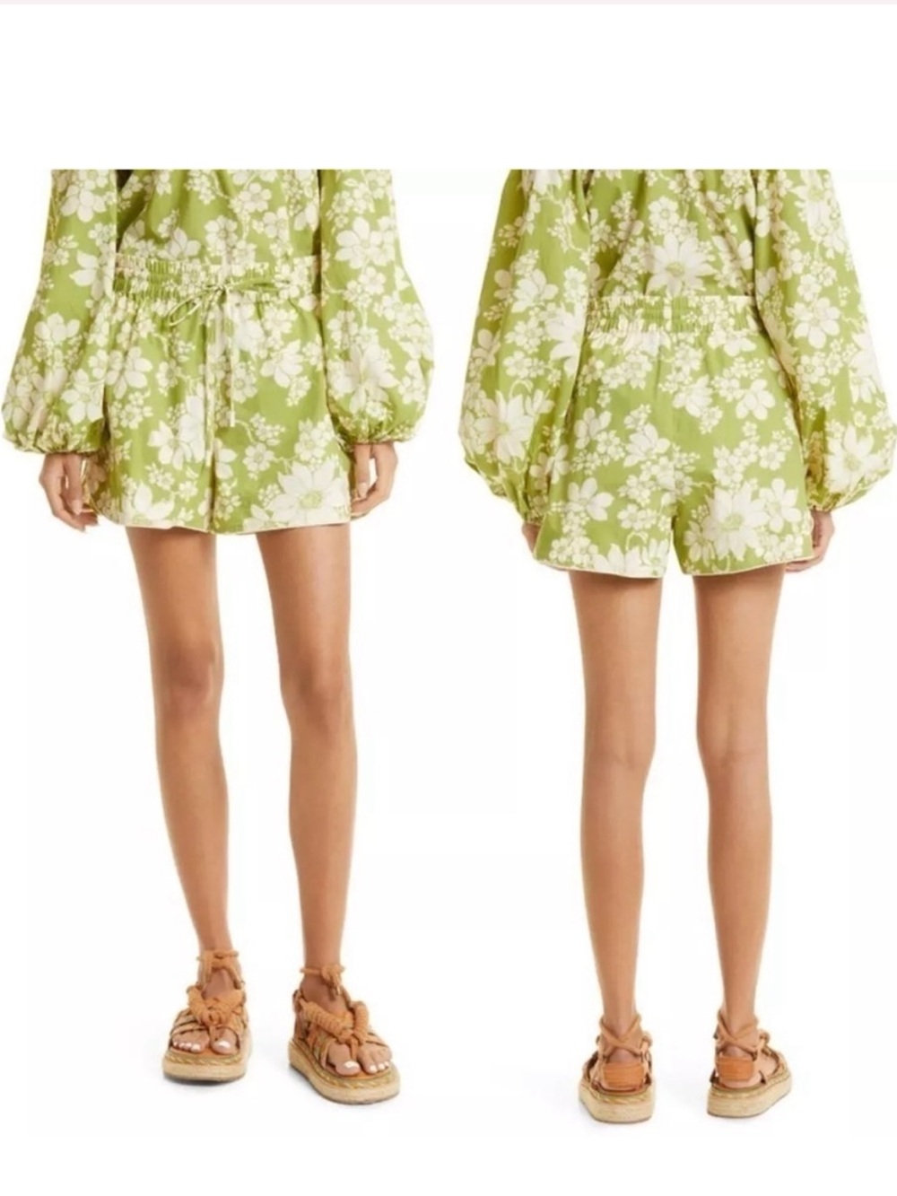 Alemais Lime Green Floral Paperbag Waist Shorts